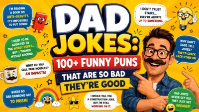 Dad jokes 100+ funny puns poster with cartoon dad and humorous speech bubbles