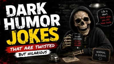 Dark humor jokes with a creepy skeleton and twisted but hilarious comedy theme