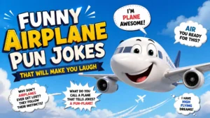 Funny airplane pun jokes with a smiling cartoon plane flying through the clouds
