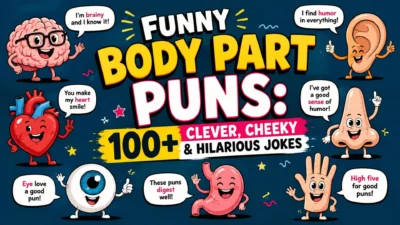 Funny body part puns with colorful cartoon brain, heart, eye, ear, nose, stomach, and hand characters