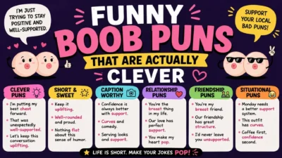 Funny boob puns poster with clever jokes, captions, and playful wordplay