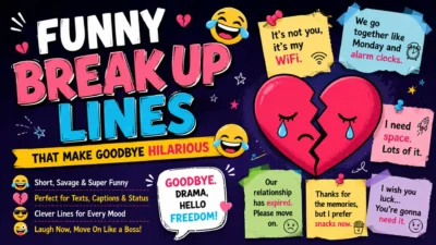 Funny break up lines graphic with broken heart, colorful jokes, and humorous goodbye messages