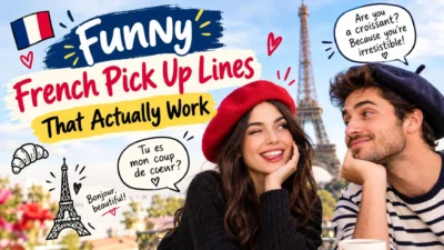 Funny French pick up lines with a playful Paris romance theme, Eiffel Tower, croissant, and flirting couple