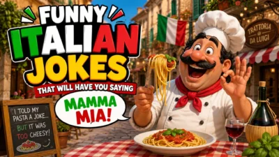 Funny Italian jokes with a chef, pasta, Italian flag, and “Mamma Mia” humor