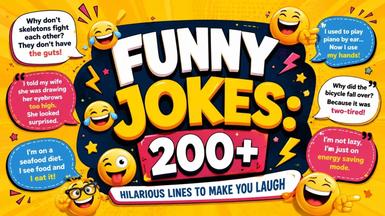 Funny jokes 200+ hilarious lines with colorful emojis and comic speech bubbles