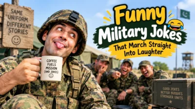 Funny military jokes with laughing soldiers at a camp and humorous army-themed text