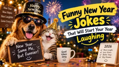 Funny New Year jokes with a happy dog, laughing cat, fireworks, and festive 2026 celebration