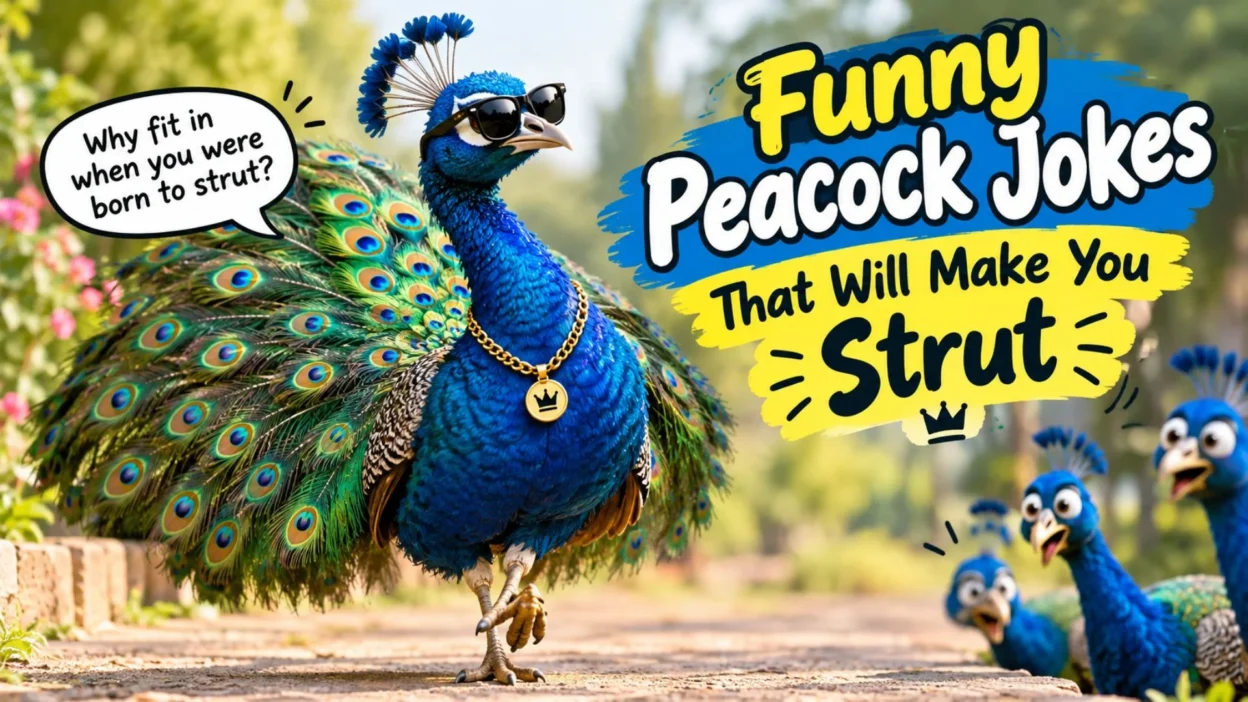 Funny peacock jokes with a stylish peacock strutting in sunglasses and a colorful fanned tail