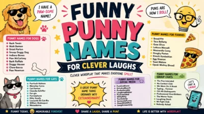 Funny punny names for dogs, cats, food, social media, and group chats with clever wordplay