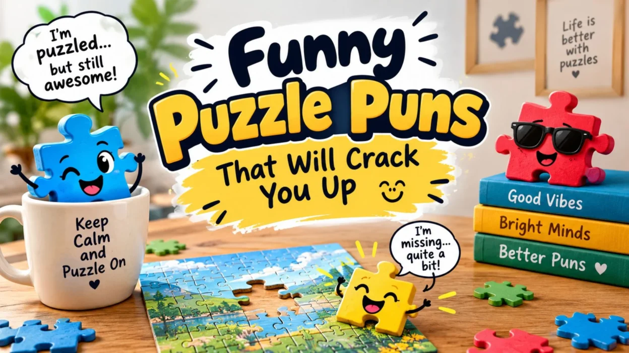 Funny puzzle puns with colorful jigsaw pieces and playful text that will crack you up
