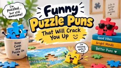 Funny puzzle puns with colorful jigsaw pieces and playful text that will crack you up