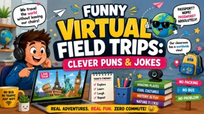 Funny virtual field trips banner with a student exploring world landmarks on a laptop
