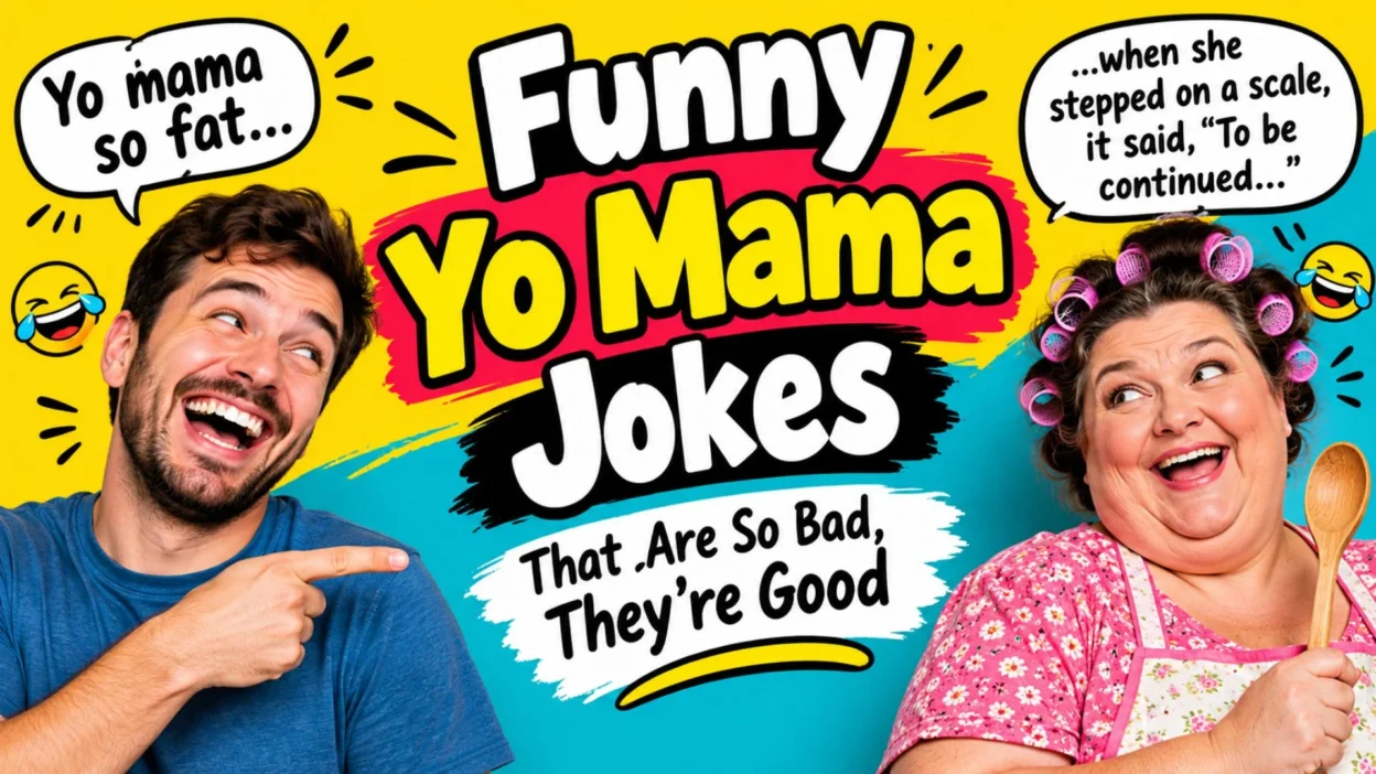Funny Yo Mama jokes graphic with laughing people and playful speech bubbles