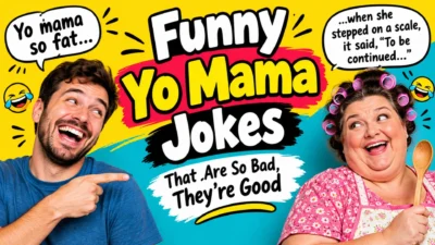 Funny Yo Mama jokes graphic with laughing people and playful speech bubbles
