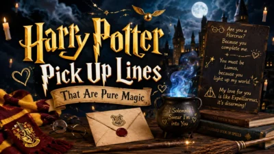 Harry Potter pick up lines with magical Hogwarts-inspired decor, wand, books, candles, and romantic spell-themed quotes