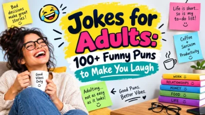 Funny jokes for adults thumbnail with bold text, playful design, and laughing woman wearing glasses