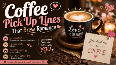 Coffee pick up lines graphic with latte art, coffee beans, hearts, and romantic café messages