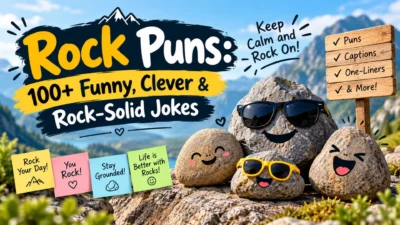 Rock puns with 100+ funny, clever jokes, colorful captions, and playful cartoon rocks