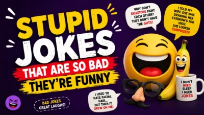 Stupid jokes that are so bad they’re funny with laughing emoji and playful joke characters