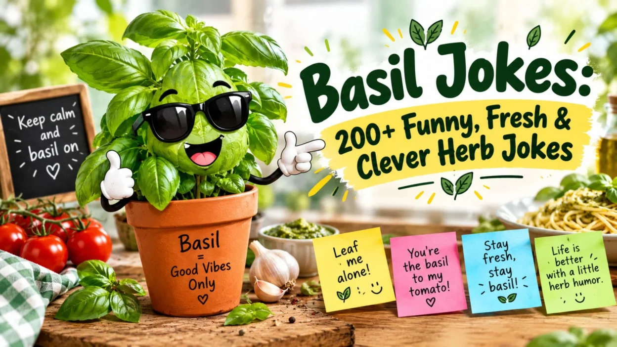 Basil jokes graphic with a funny basil plant, fresh herbs, tomatoes, pesto, and playful wordplay
