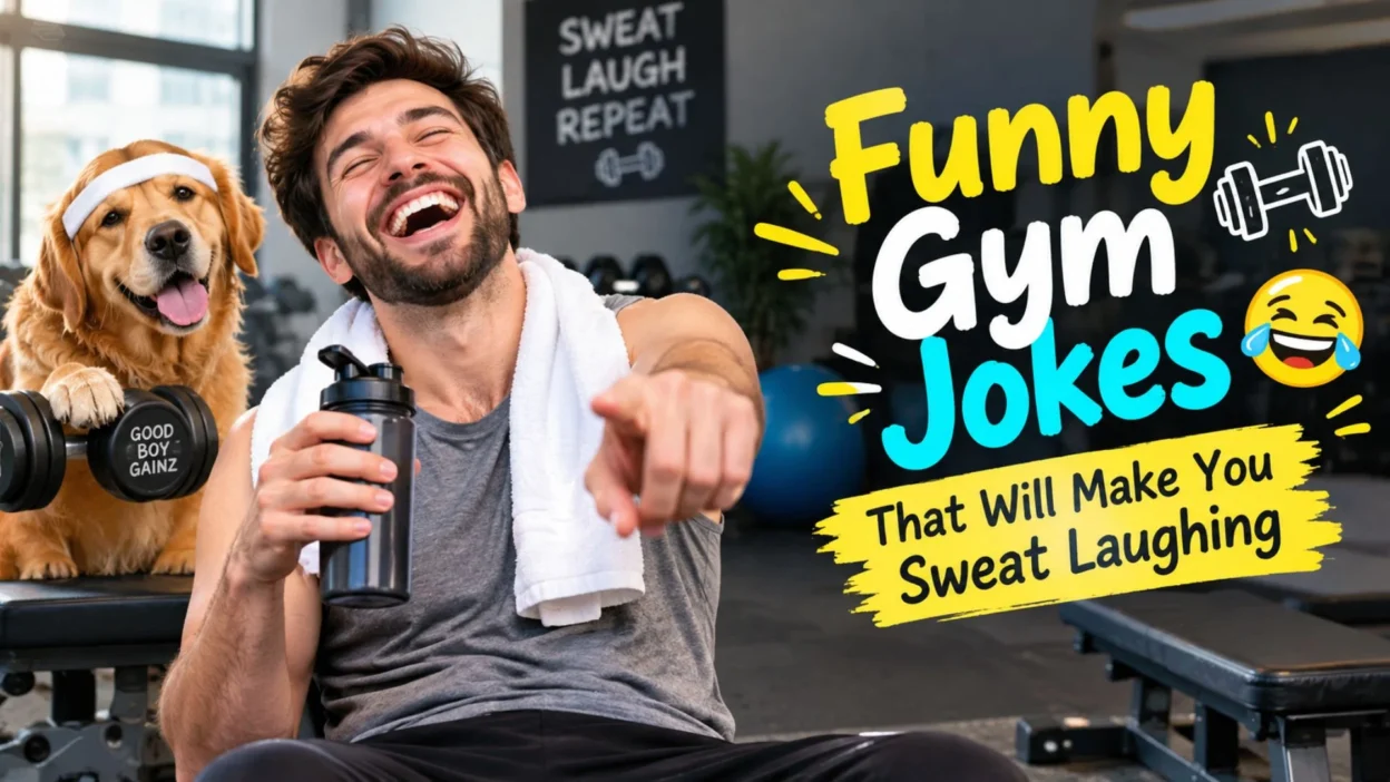 Funny gym jokes with a laughing man, workout dog, dumbbells, and humorous gym-themed text
