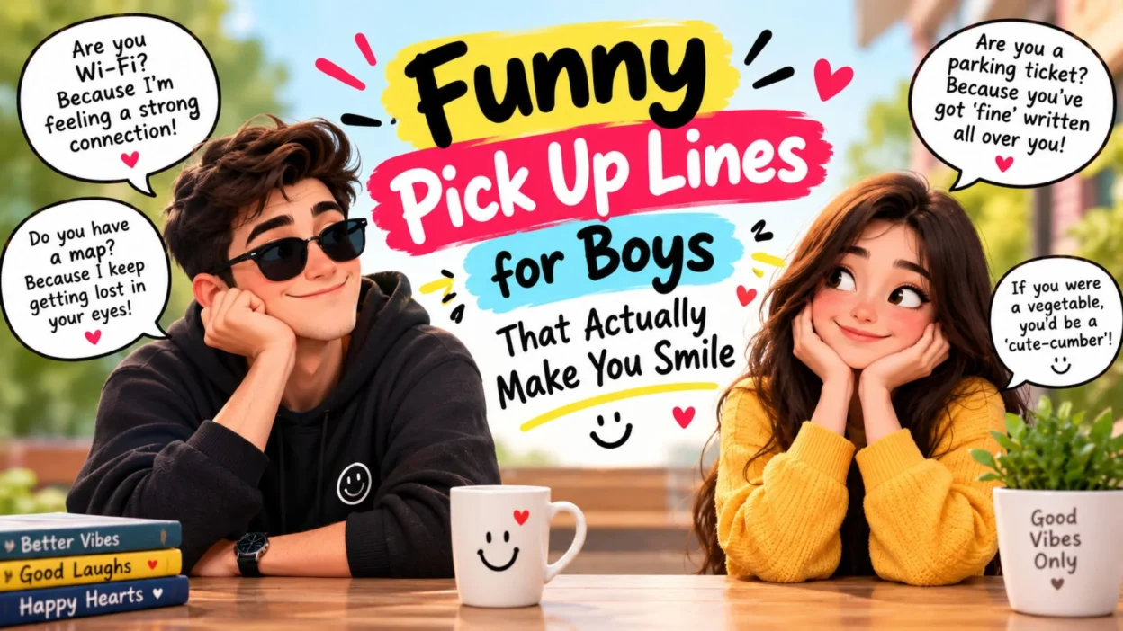 Funny pick up lines for boys with playful dating jokes and smiling couple