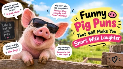 Funny pig puns with a laughing pig in sunglasses on a sunny farm background