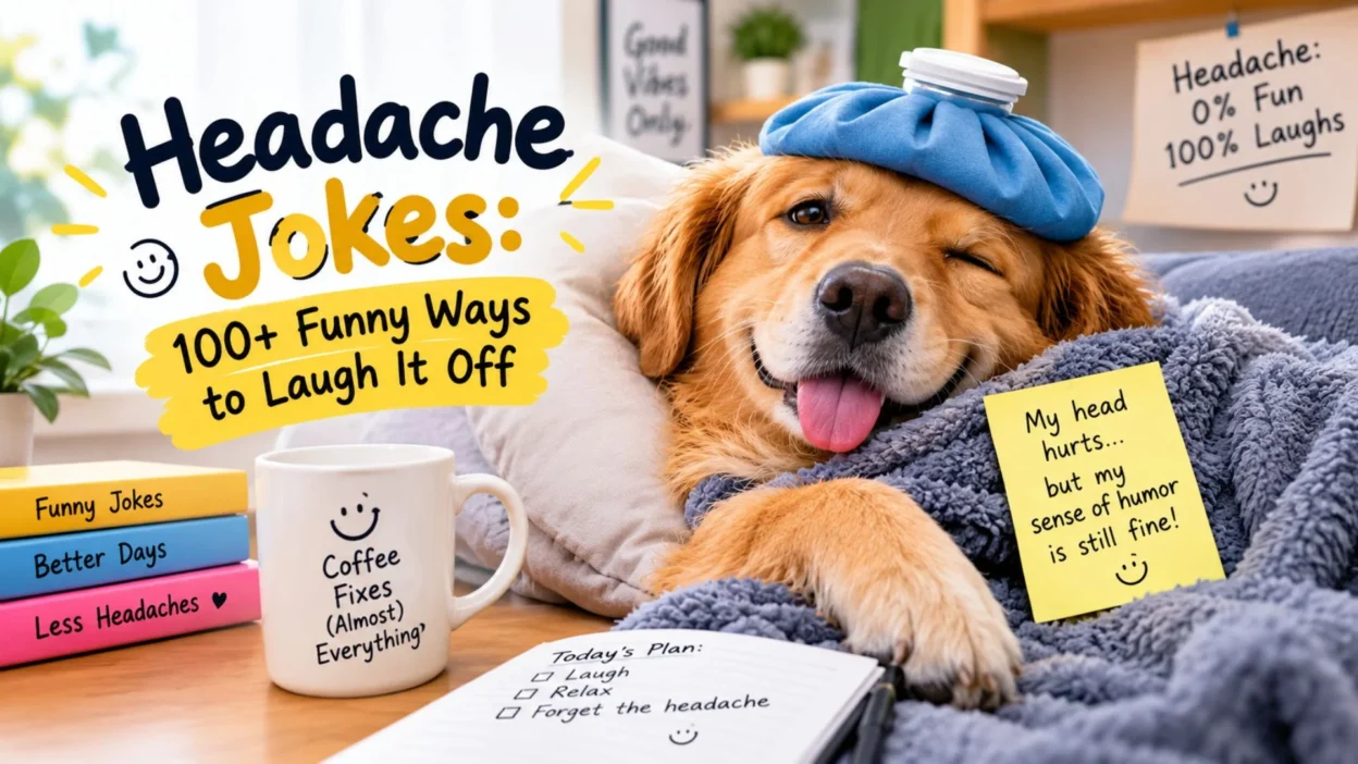 Funny headache jokes with a cozy dog wearing an ice pack and humorous headache notes