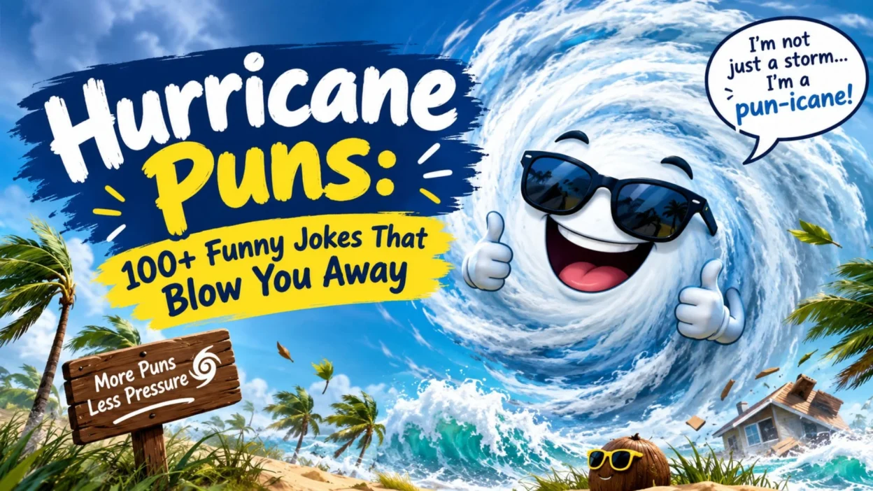 Funny hurricane puns cartoon with a smiling storm, palm trees, and “100+ Funny Jokes That Blow You Away” text