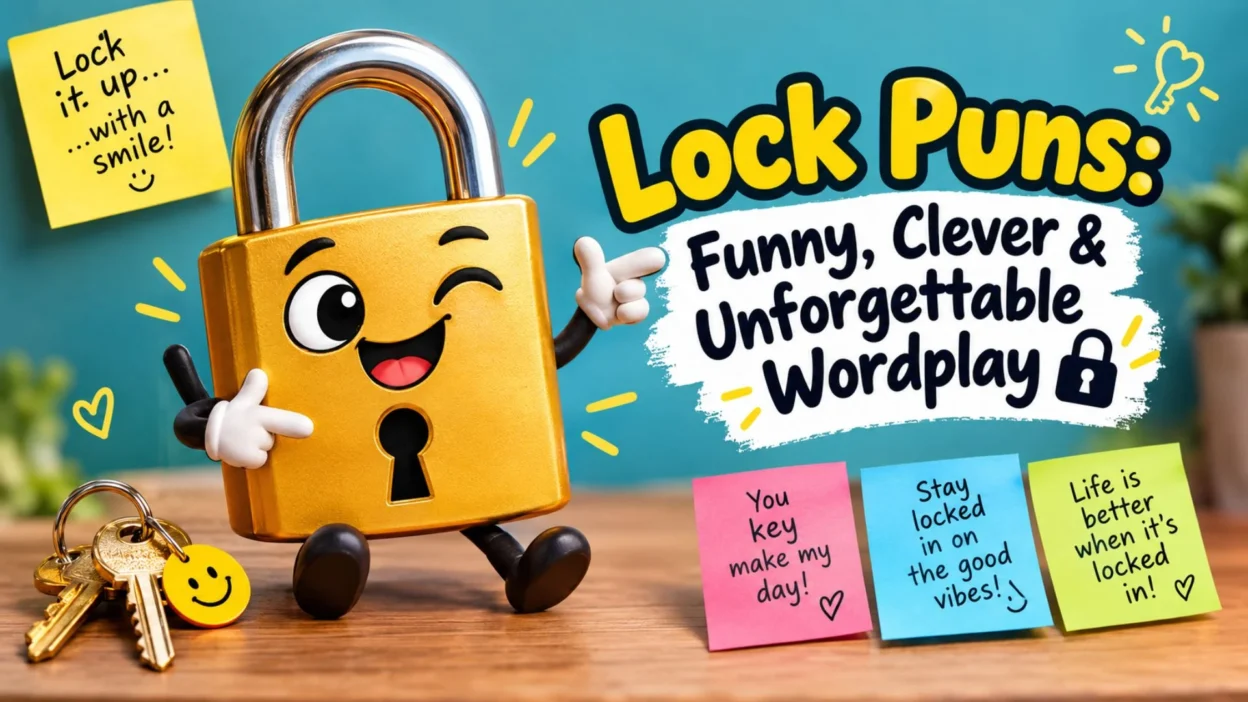 Funny lock puns graphic with a smiling gold padlock, keys, and playful wordplay