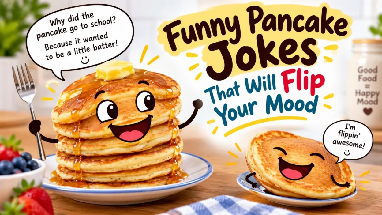 Funny pancake jokes with smiling pancakes, syrup, butter, and playful breakfast humor