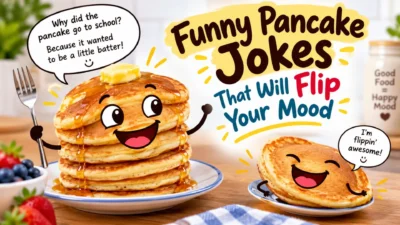Funny pancake jokes with smiling pancakes, syrup, butter, and playful breakfast humor